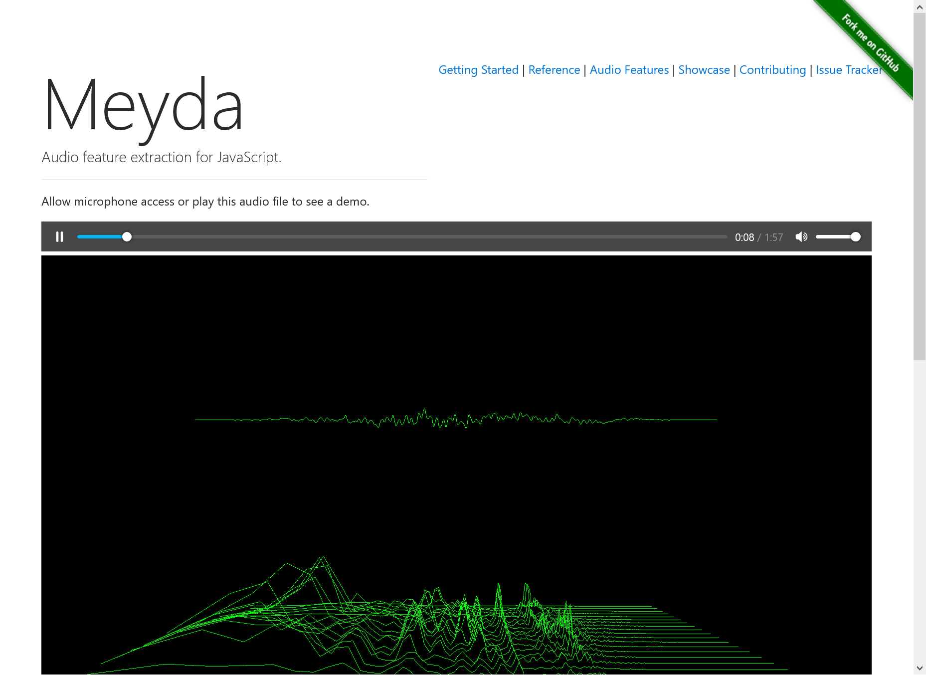 A screenshot of the Meyda documentation homepage