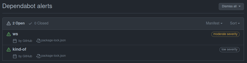 github dependabot security alert showing two
vulnerabilities