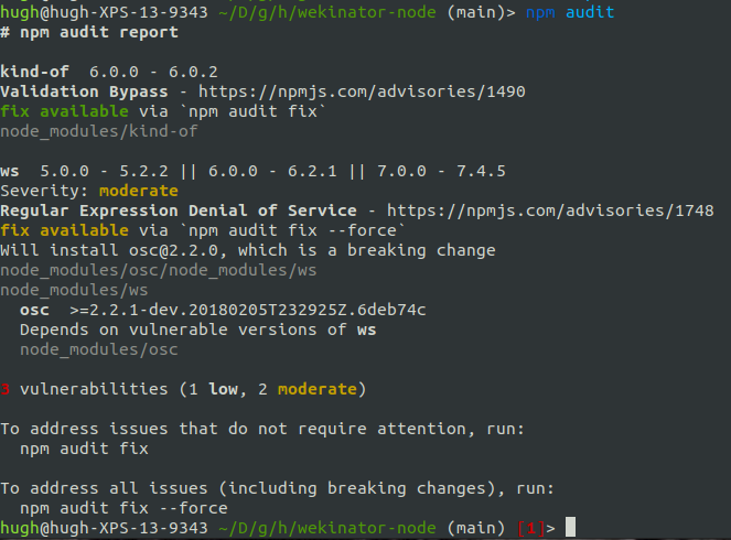 a screenshot of the output of npm audit, showing fixable
vulnerabilities